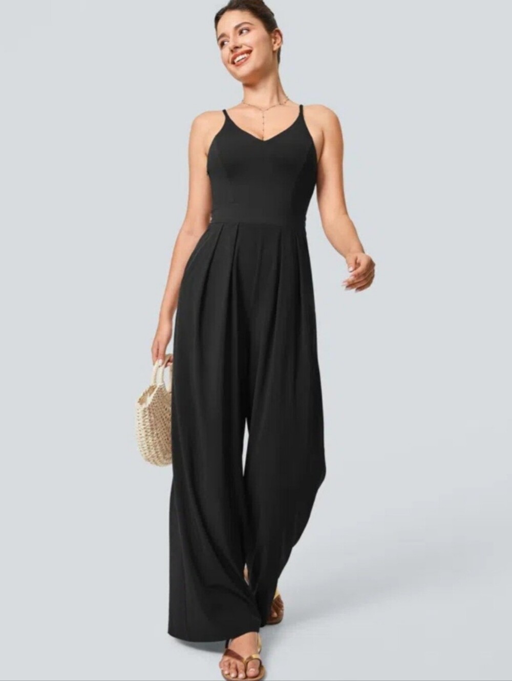 HALARA Black Wide-Leg Spaghetti Strap Jumpsuit